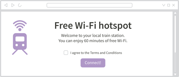 Exemple de portal captiu Estació de tren Wi-Fi. Feu clic aquí per a 60 minuts de Wi-Fi gratuït